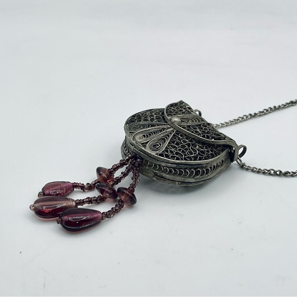 Antique Silver Filigree Purse Pendant Necklace With Amethyst Accents - Picture 7 of 15